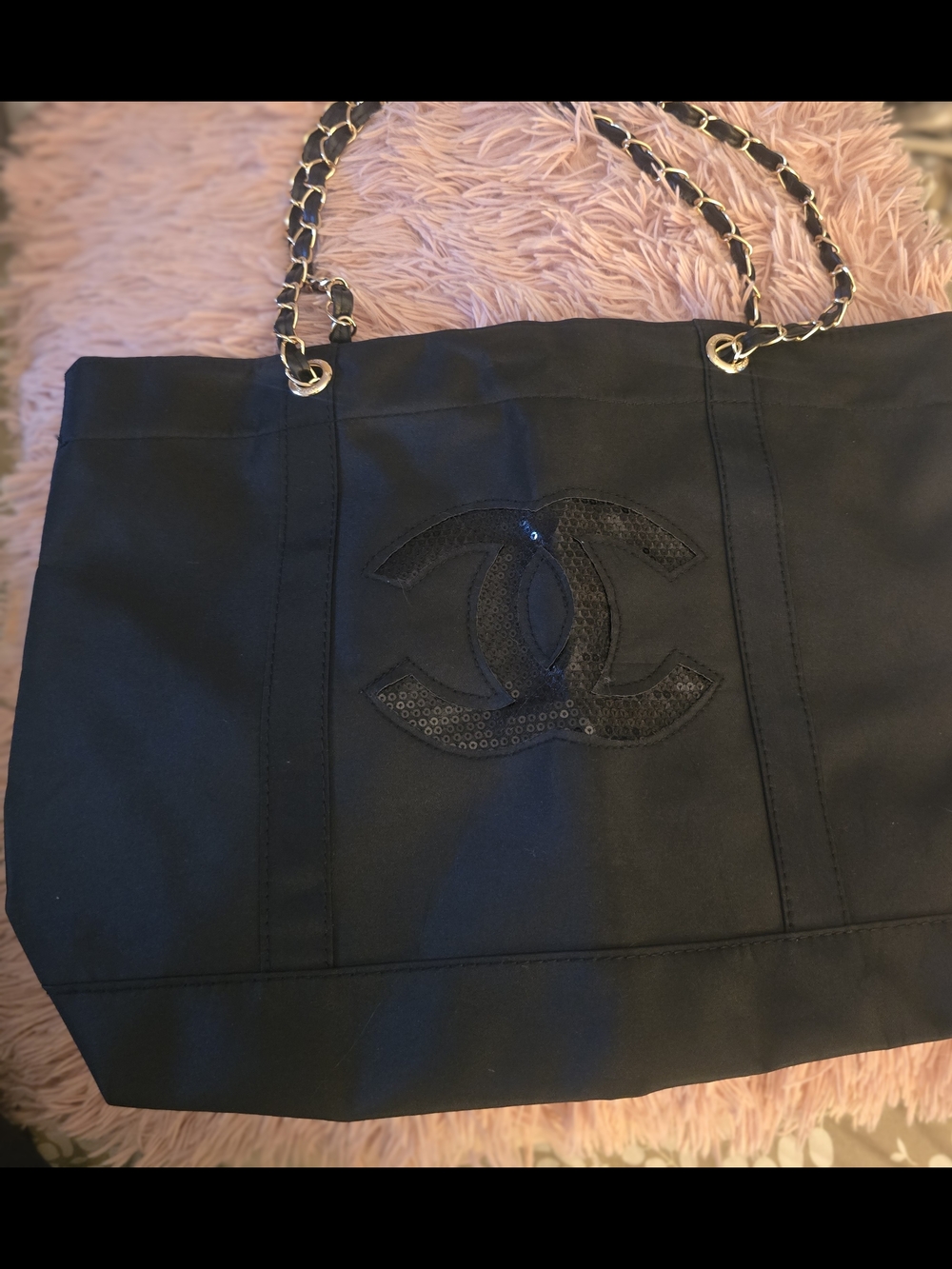 Black Quilted Logo Tote Bag with Gold Tone Chain Handles-NWOT!